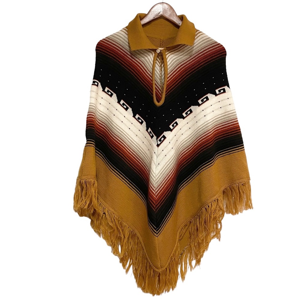 Mustard Fringe Poncho Sweater with Geometric Stripe Detail